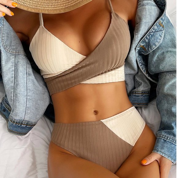 Color Block Wrap 2pc Bikini Swimsuit Bathing Suit - Picture 1 of 5